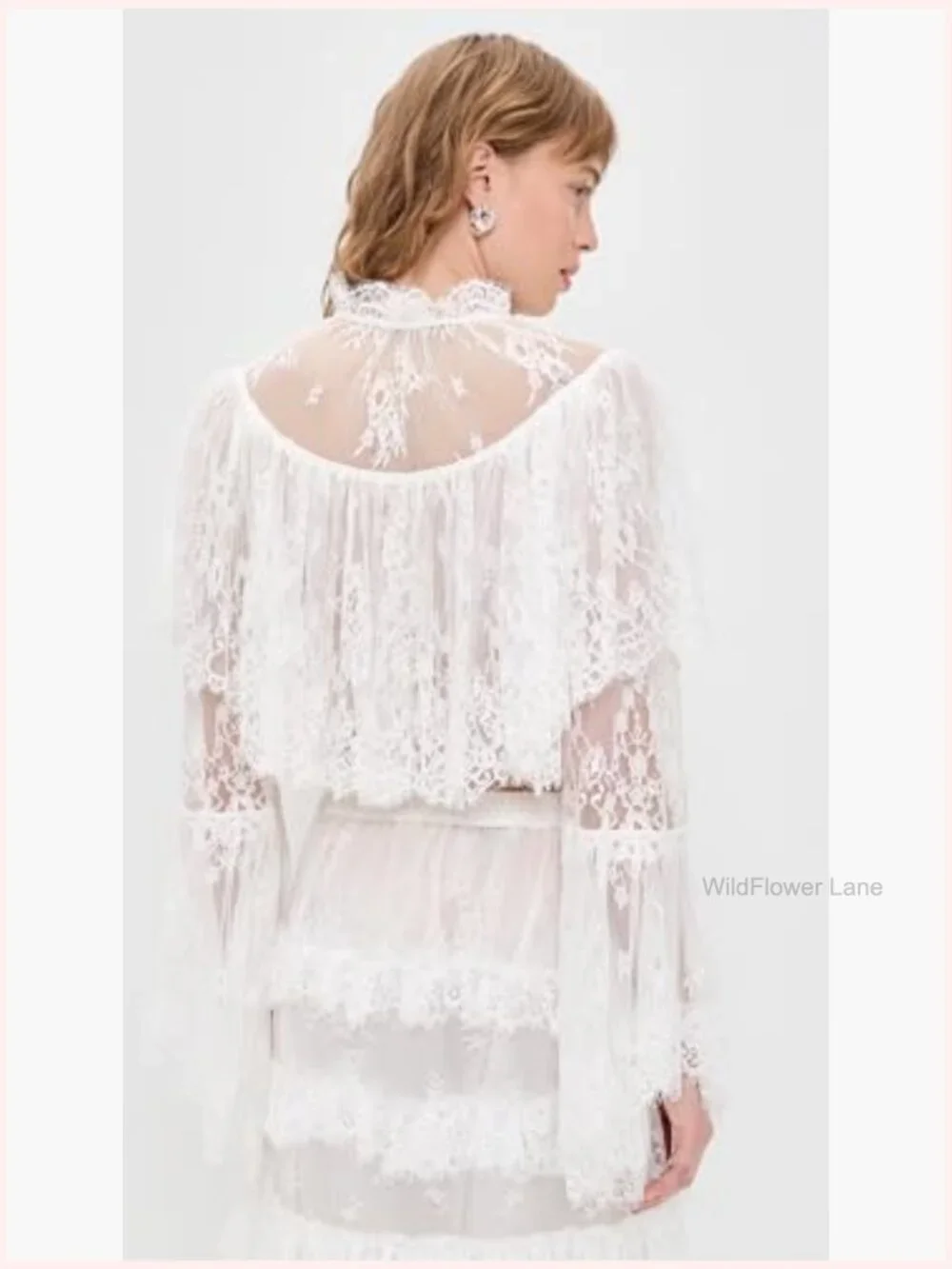 Scallop Trim Floral Lace Mock Neck Blouse - Picture 4 of 6